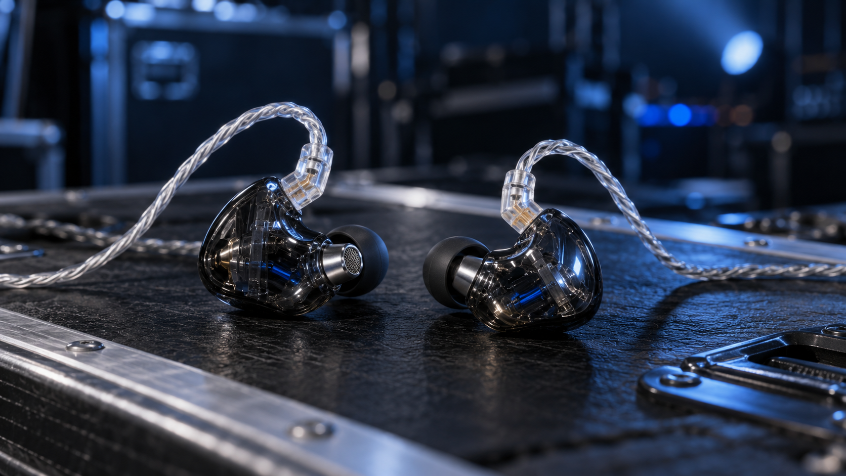 Professional wired in-ear monitors photographed on a dark equipment case.