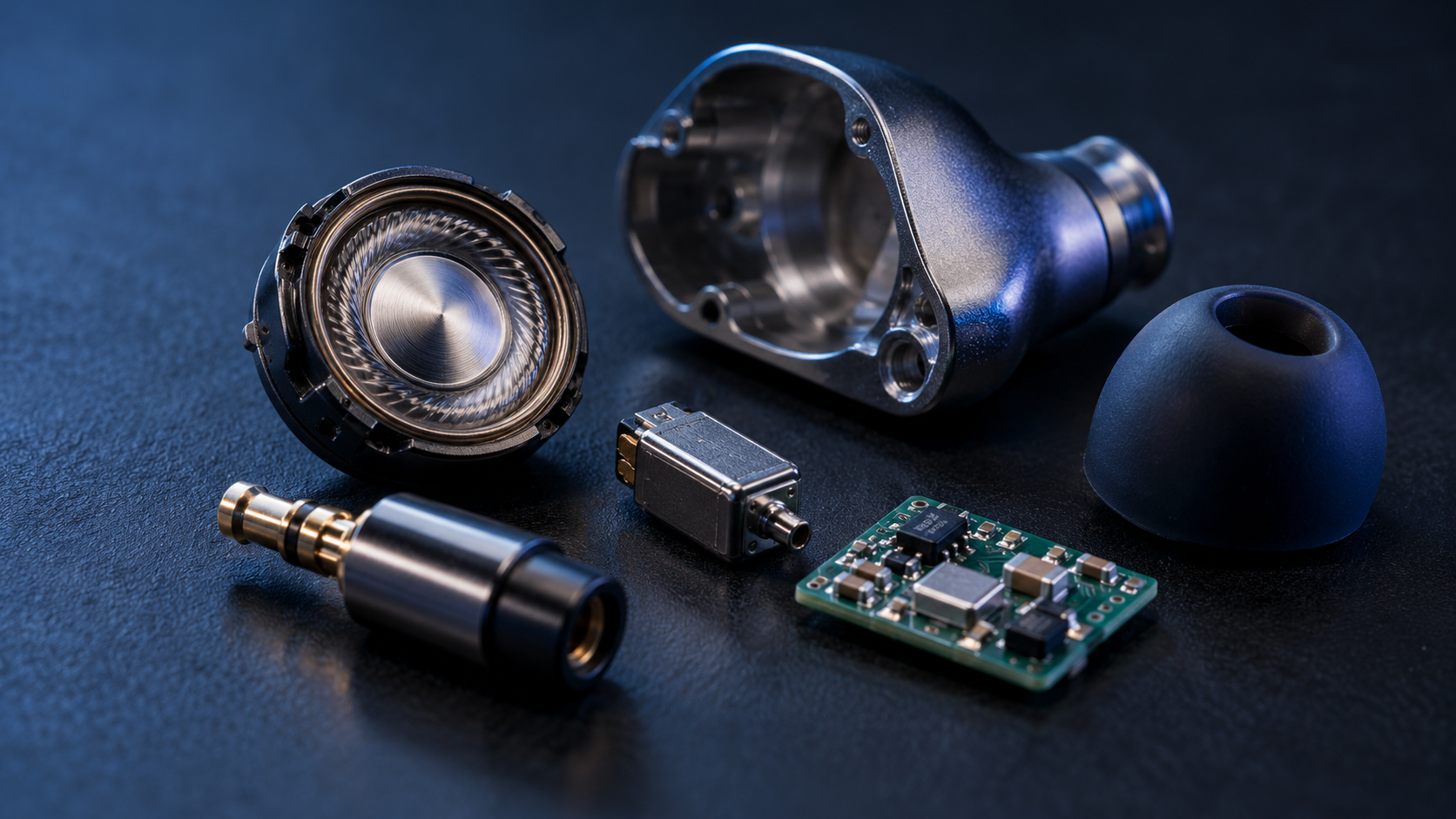 Precision audio drivers, circuit board, connectors and machined components photographed on a workbench.
