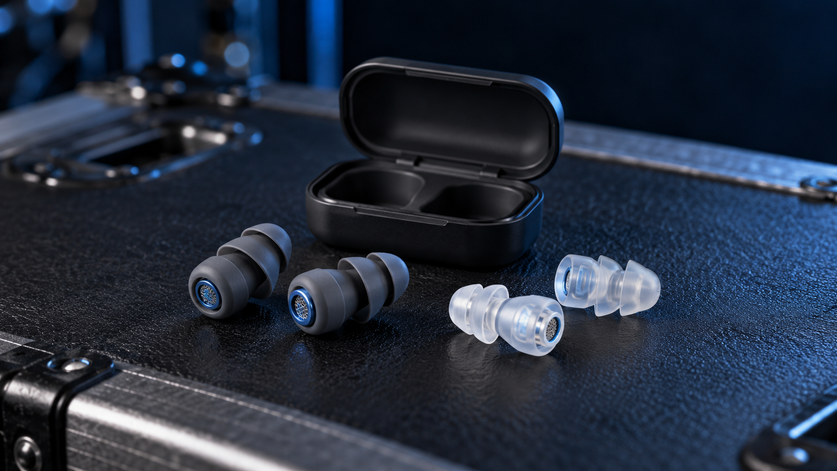 Reusable silicone hearing-protection earplugs, filters and a carry case photographed in a studio.